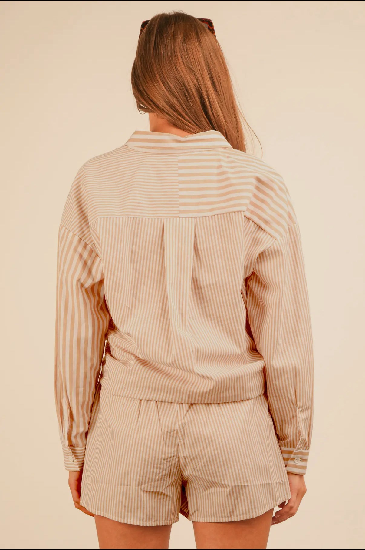 Taupe and white striped oversized button up shirt and short set
