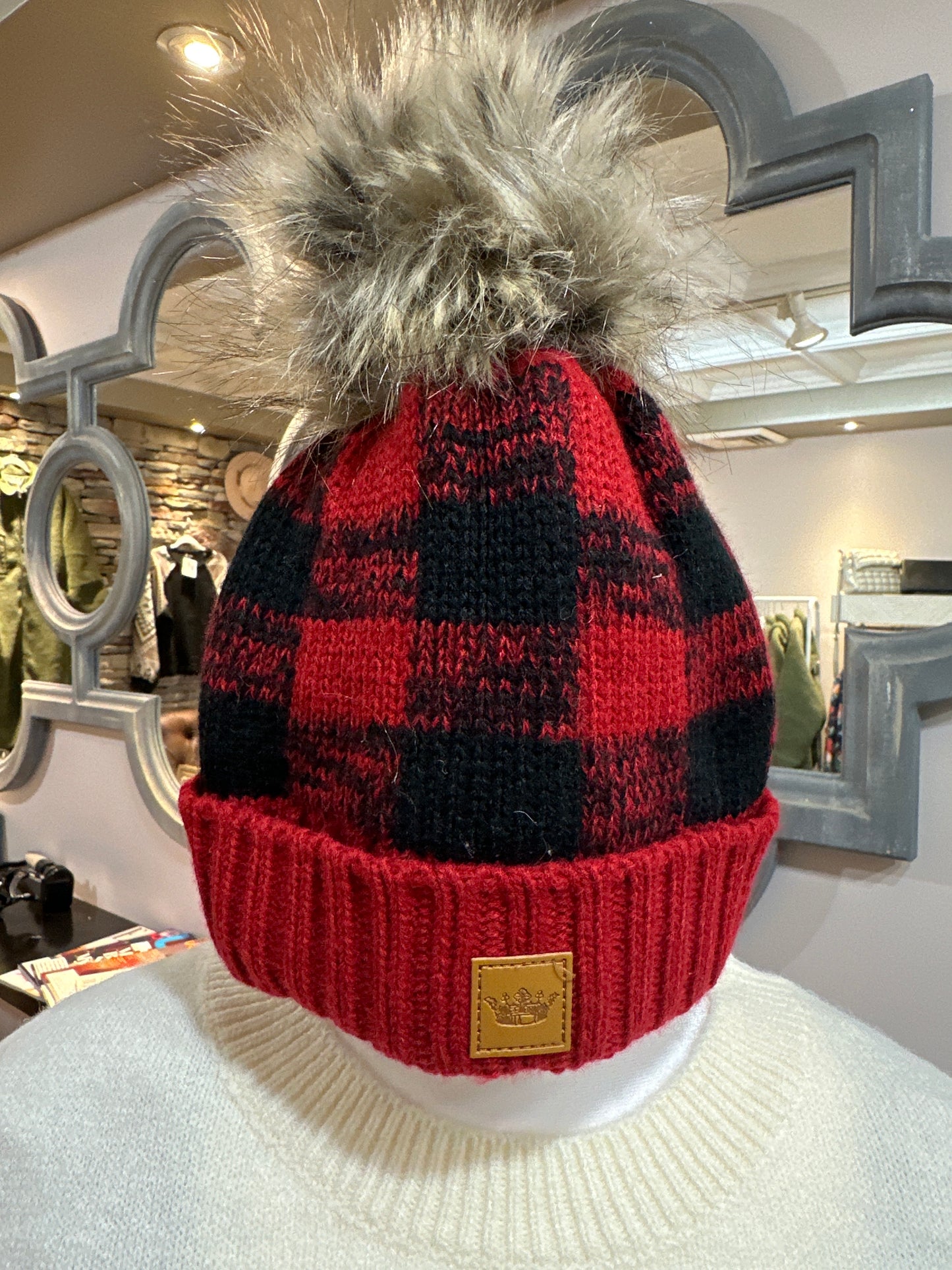 Red and black buffalo plaid beanie with Pom