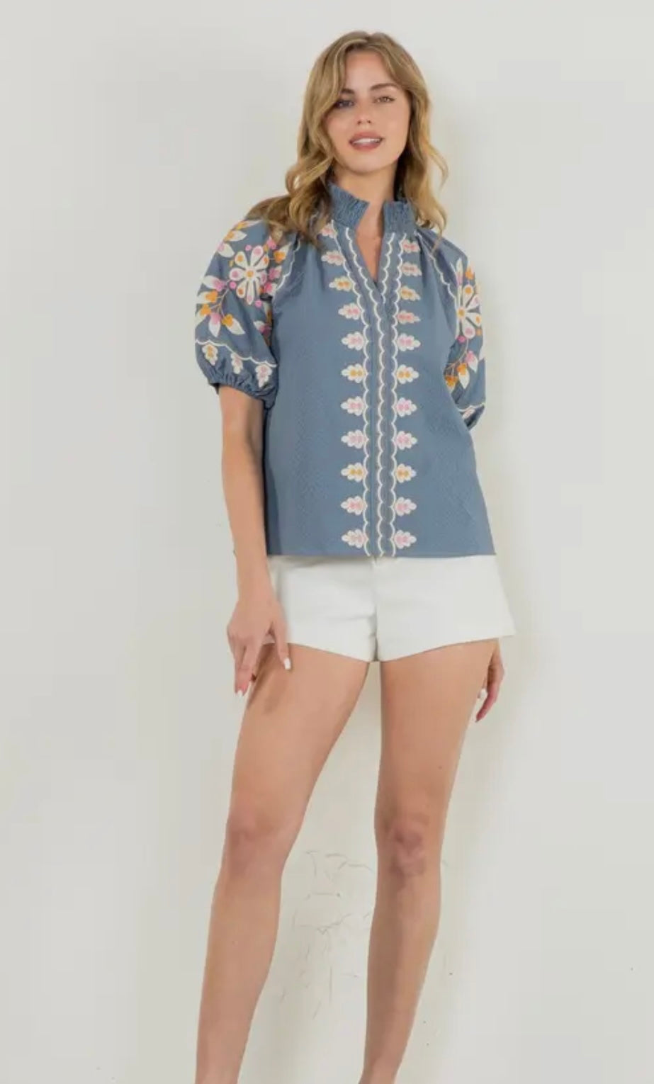 Blue embroidered puff sleeve