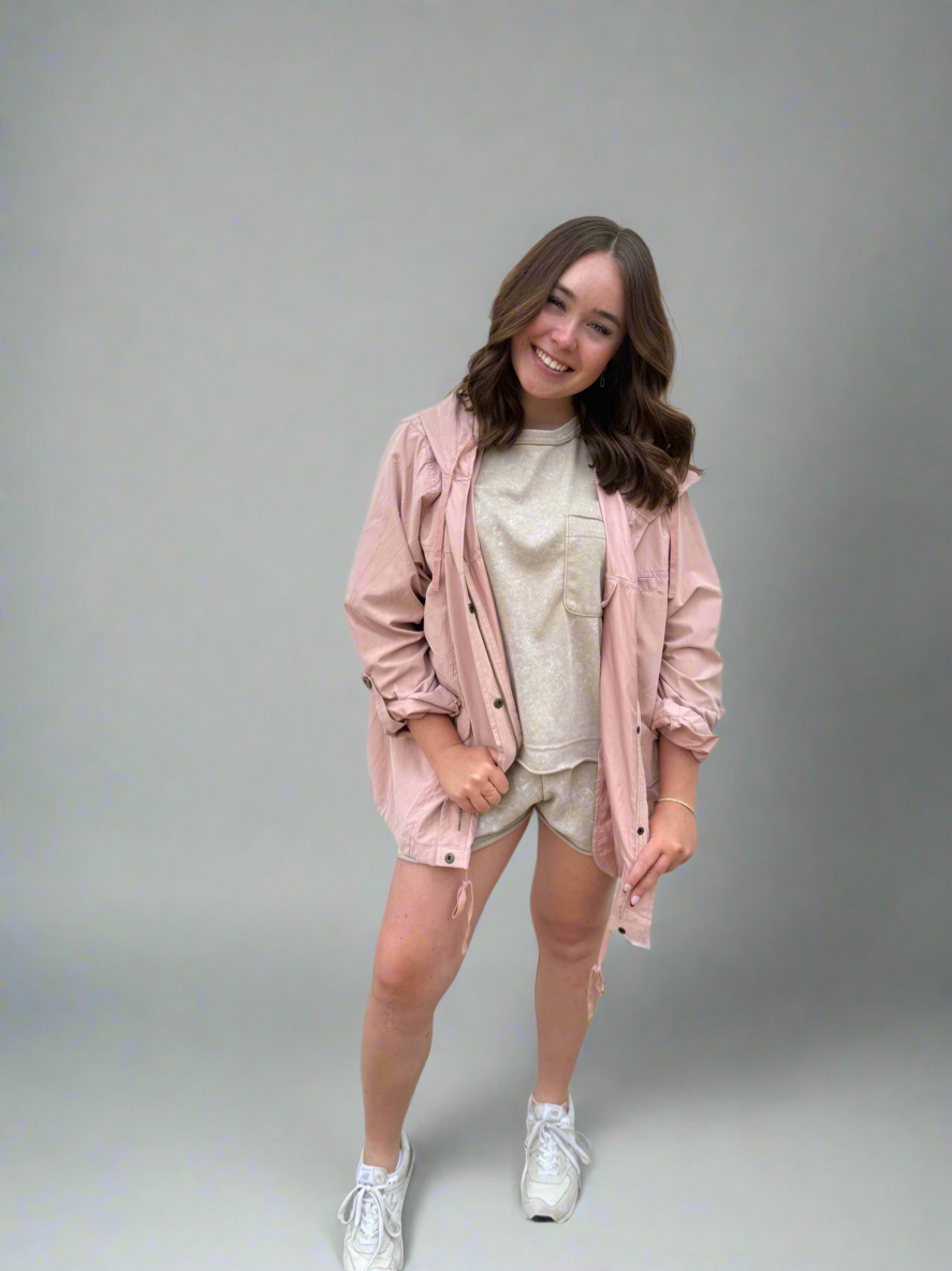Pink Snap up and zip up hooded jacket