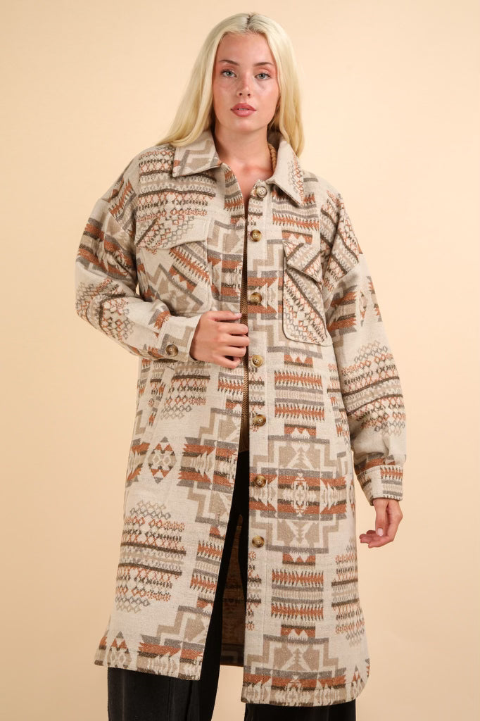 Aztec & Plaid Printed Shacket Jacket Coat