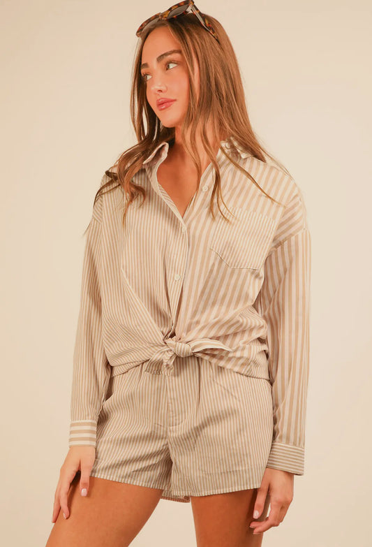 Taupe and white striped oversized button up shirt and short set