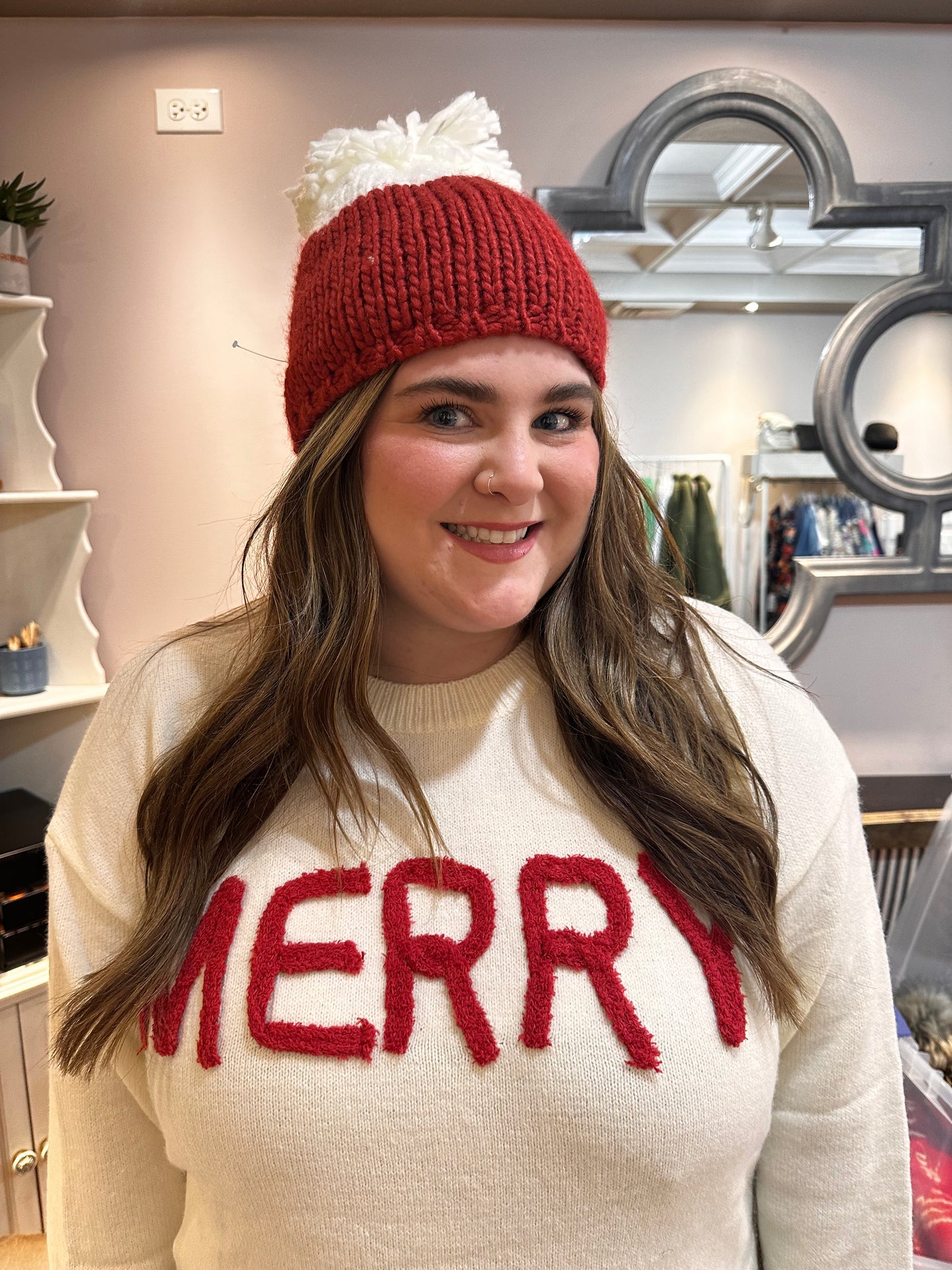 Cream and red color block beanie with Pom