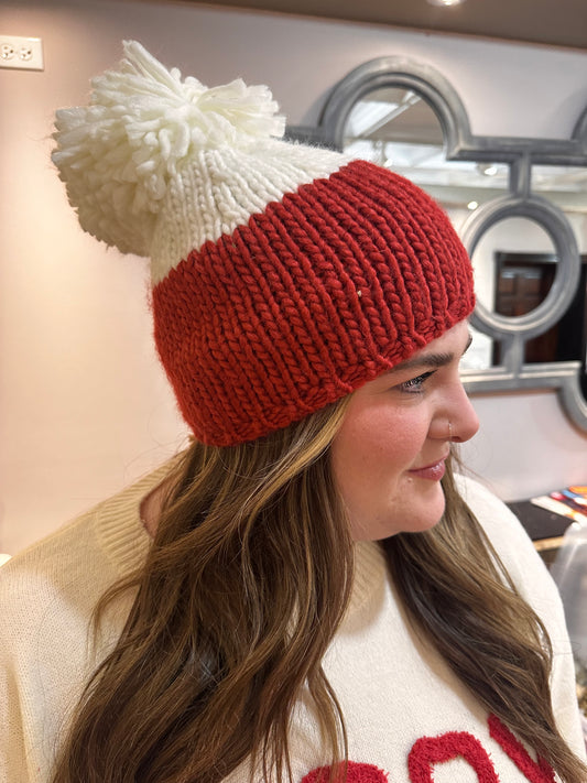 Cream and red color block beanie with Pom