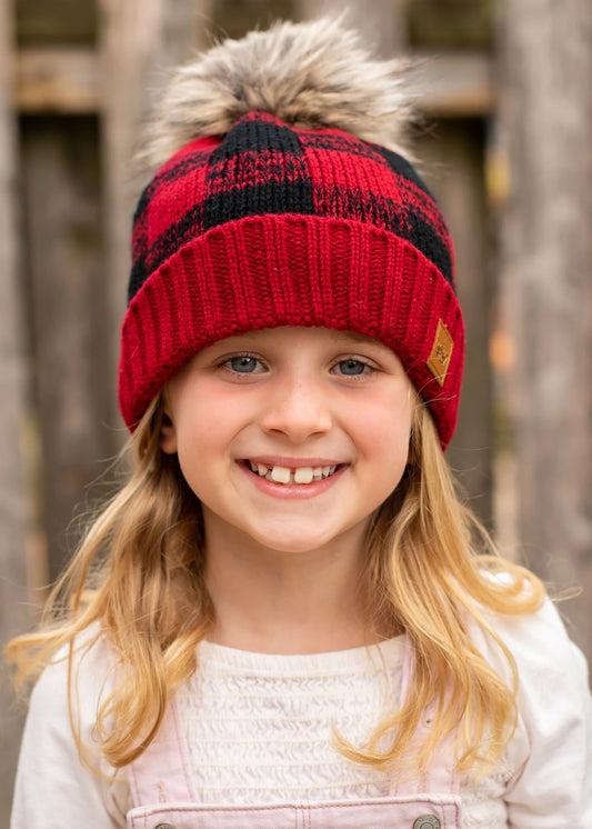 Kids red and black buffalo plaid beanie with Pom