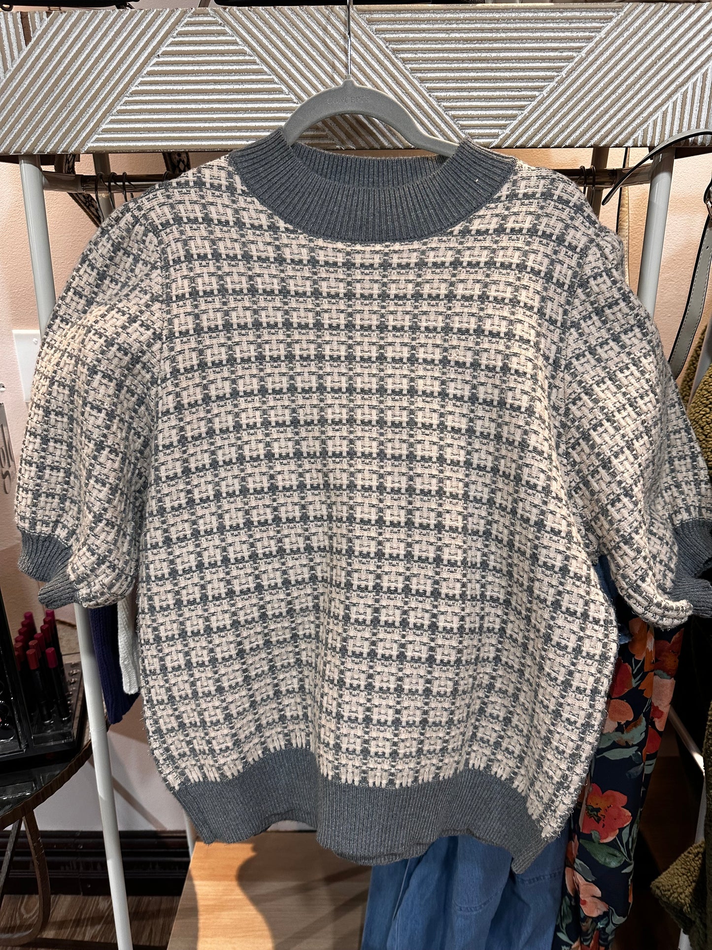 Gray and Ivory puff sleeve short sleeve sweater