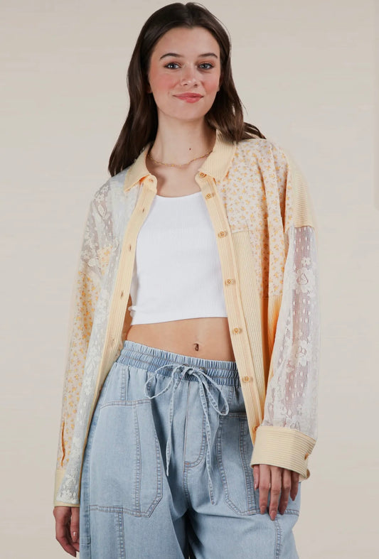 Pale yellow ribbed knit and lace shacket with floral print