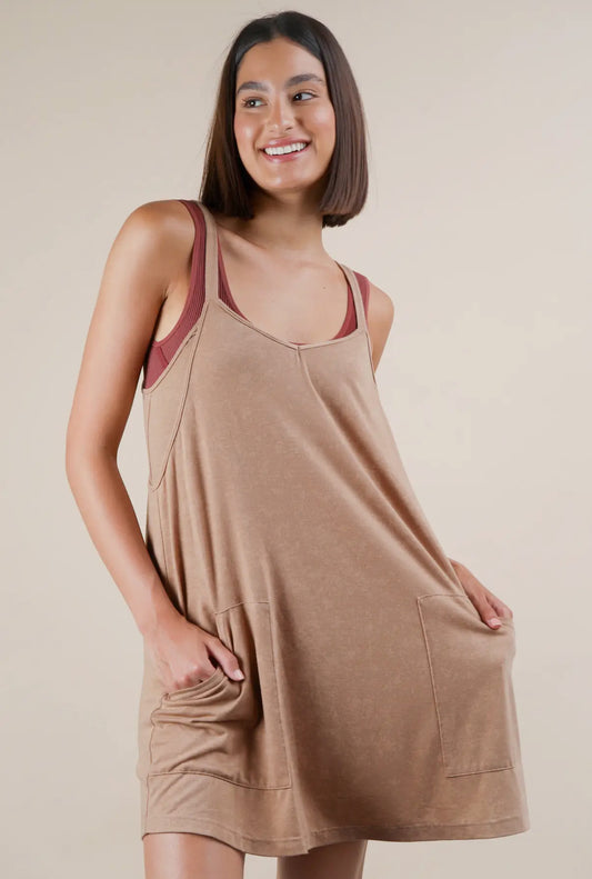 Taupe mineral washed knit mini dress with built in shorts and tank.