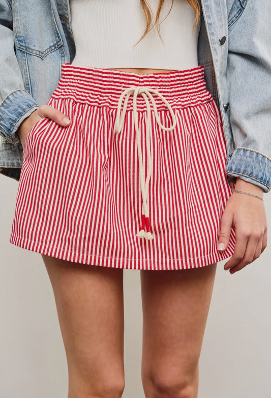 Red Denim Drawstring Skort