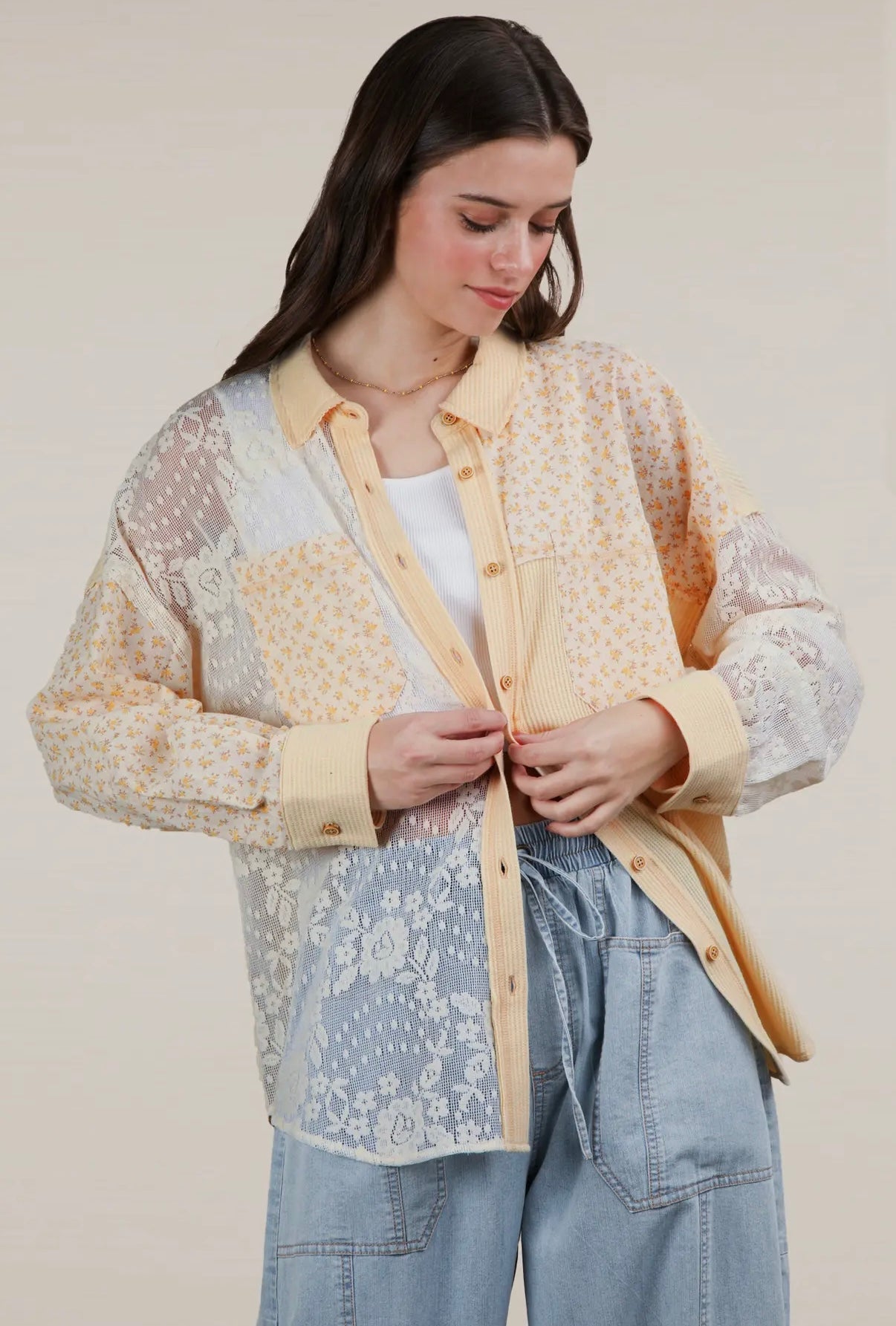 Pale yellow ribbed knit and lace shacket with floral print