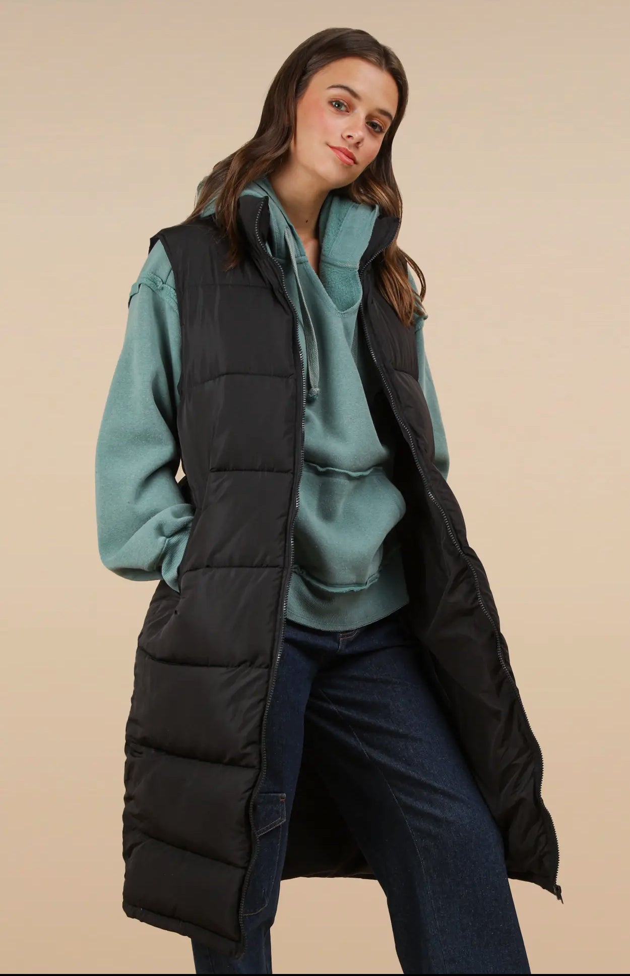 Long Puffer Vest with Pockets