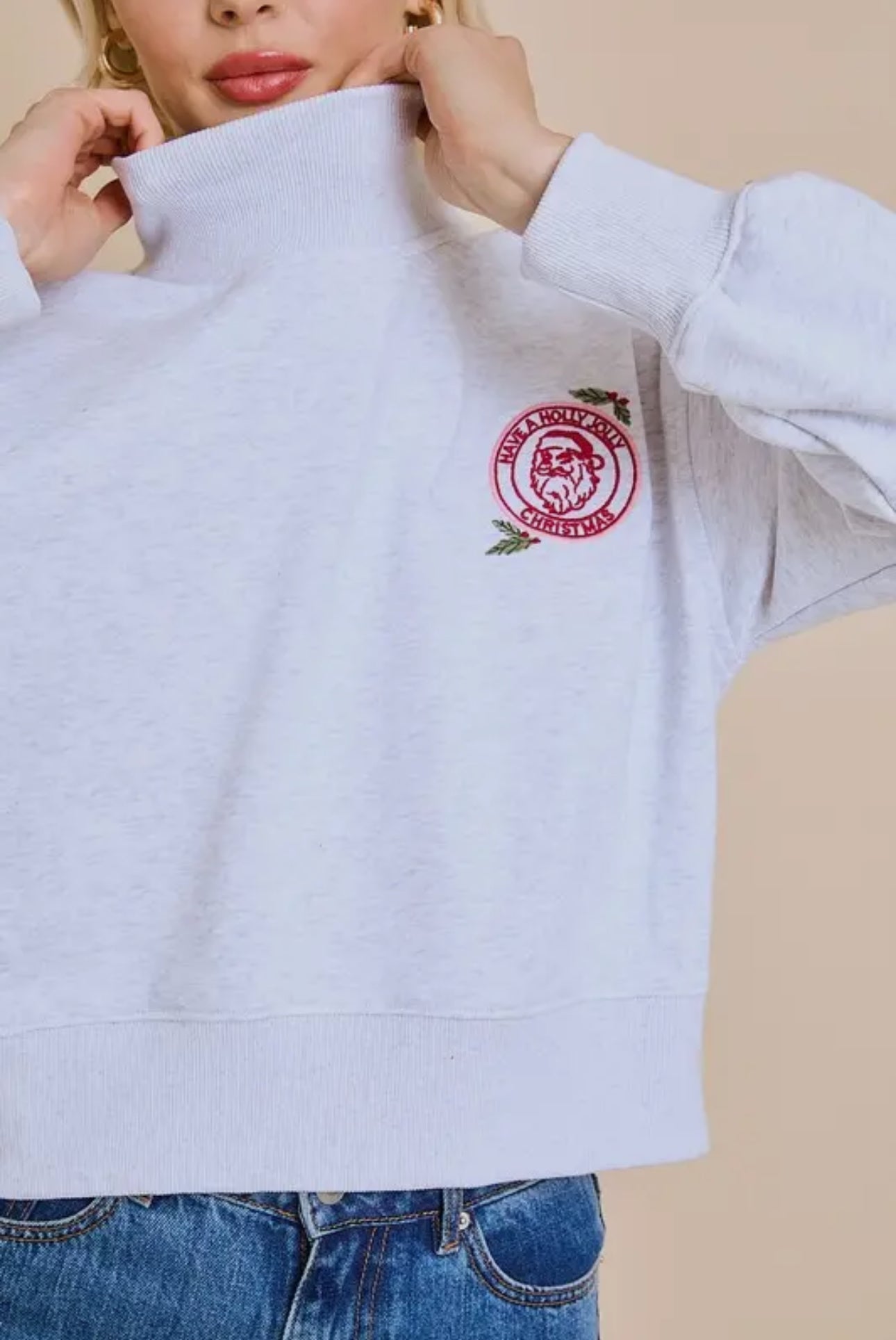 Gray mock neck embroidered sweatshirt