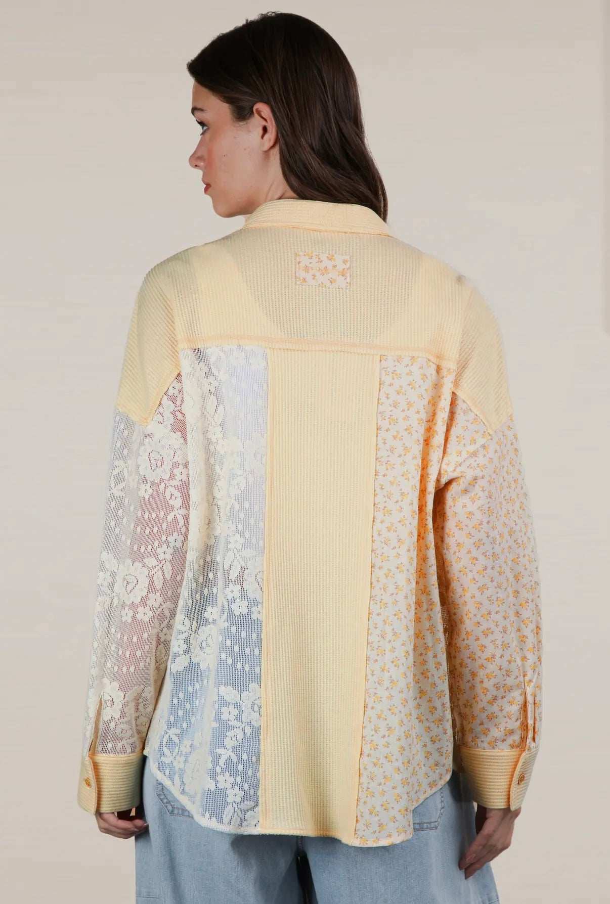 Pale yellow ribbed knit and lace shacket with floral print