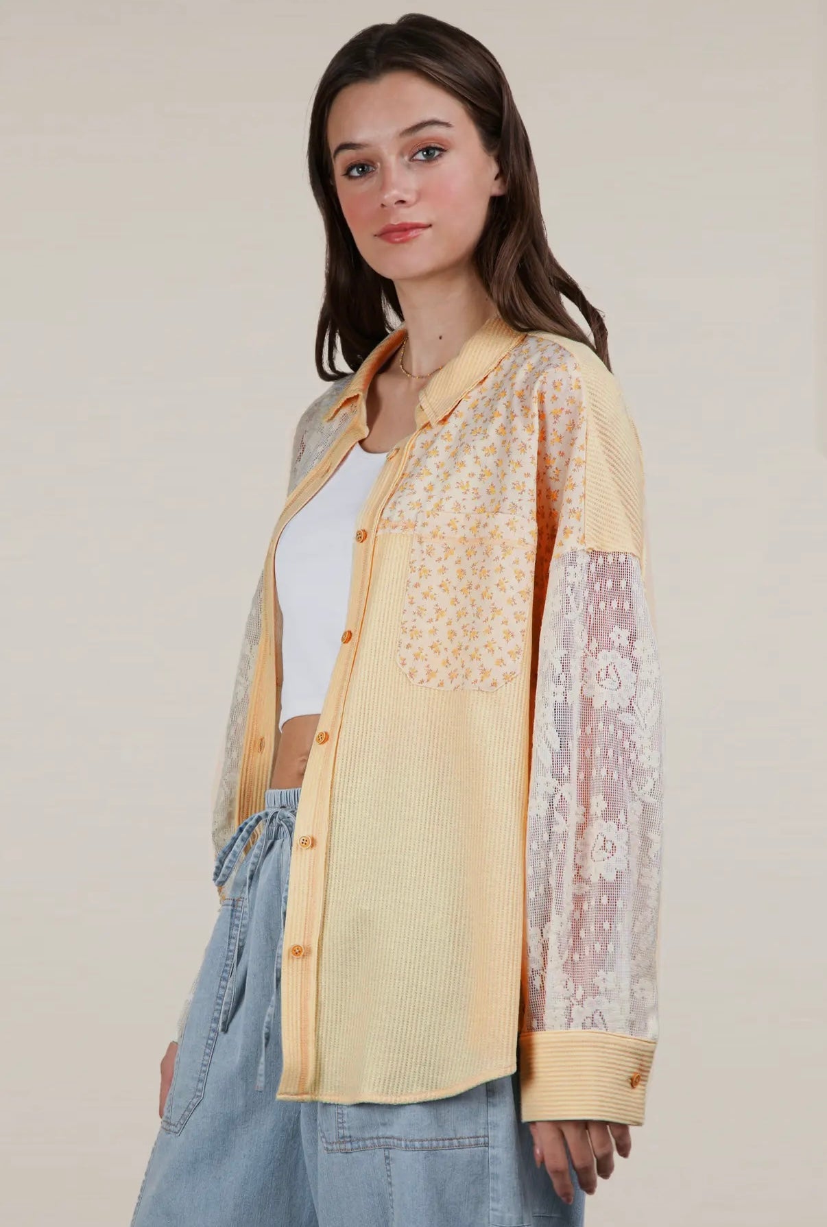 Pale yellow ribbed knit and lace shacket with floral print