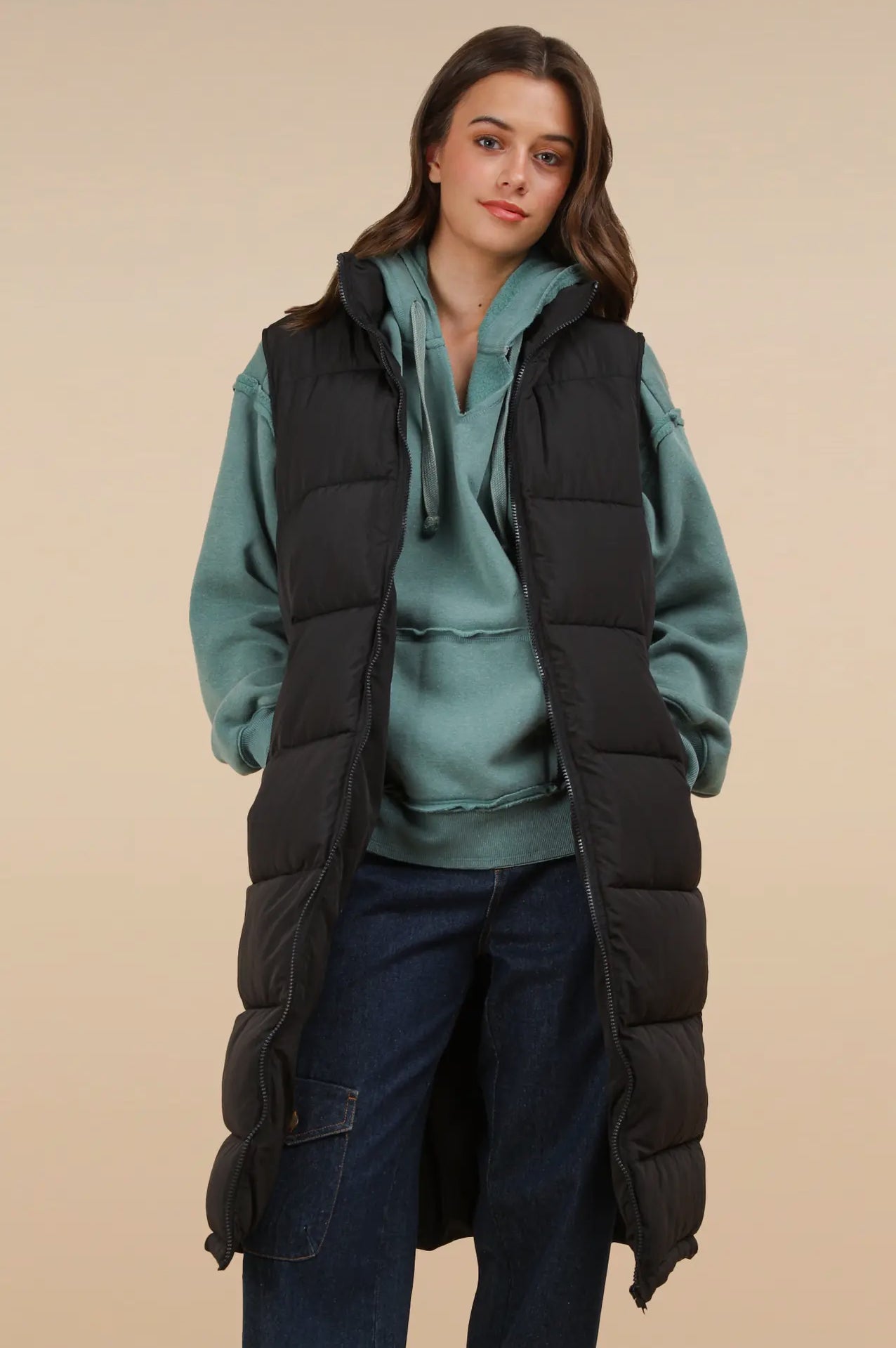 Long Puffer Vest with Pockets
