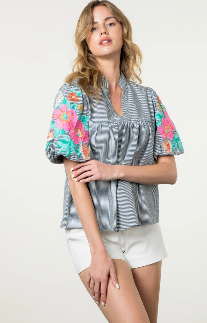 Embroidered Puff Sleeve Stripe Top