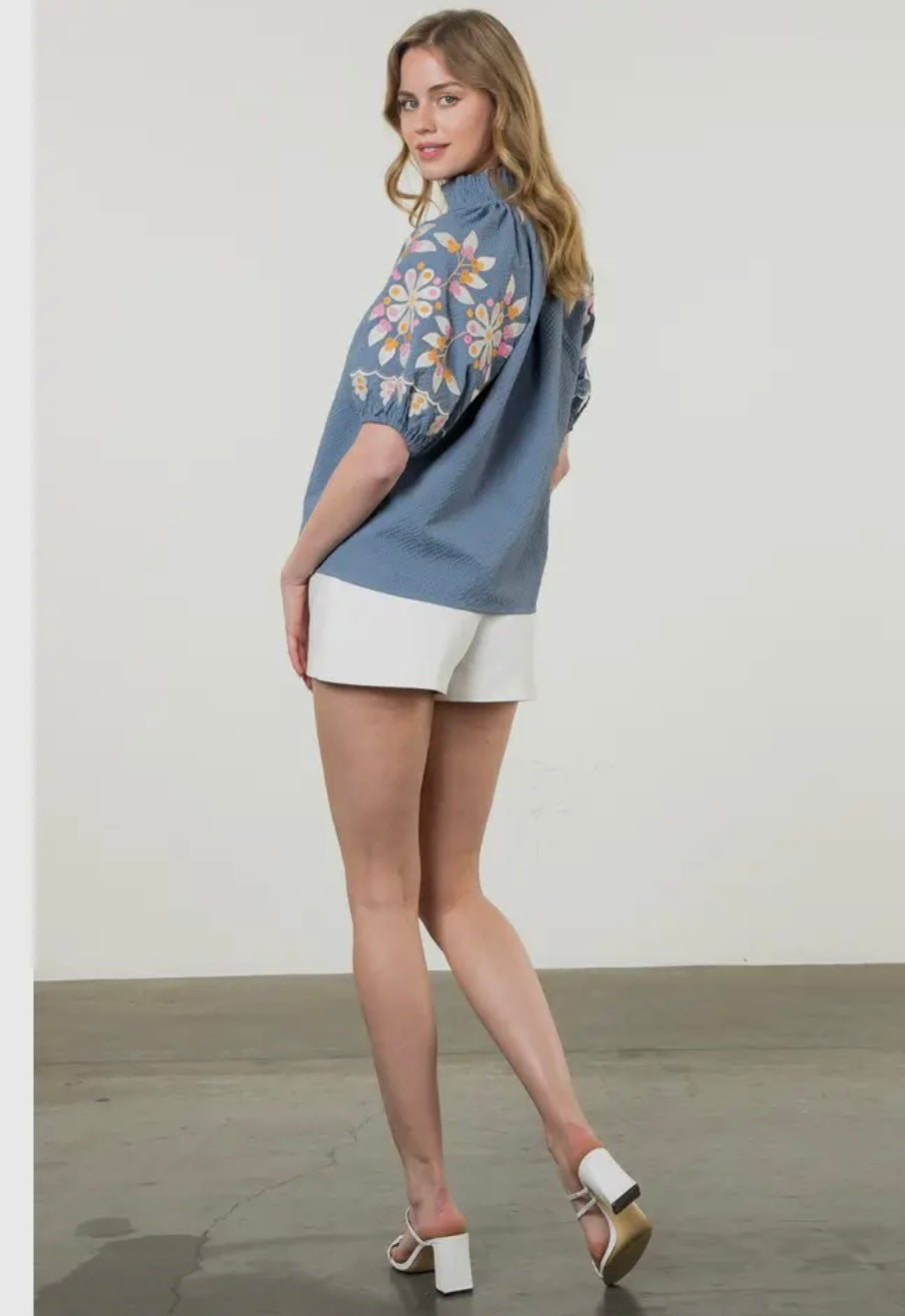 Blue embroidered puff sleeve
