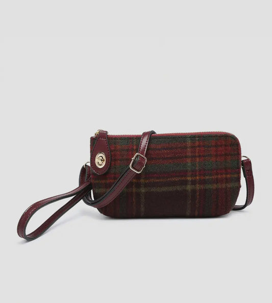 Kendall Plaid Wristlet + Crossbody: MAROON