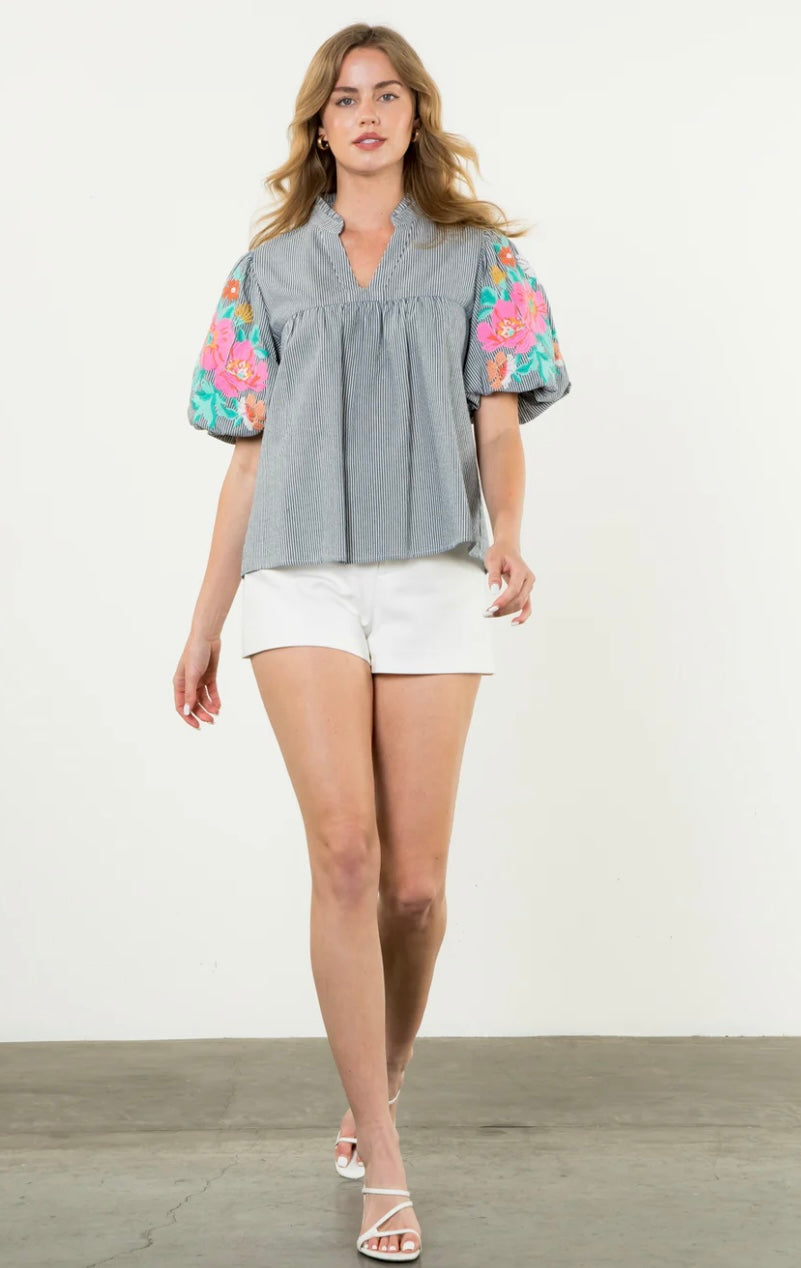 Embroidered Puff Sleeve Stripe Top
