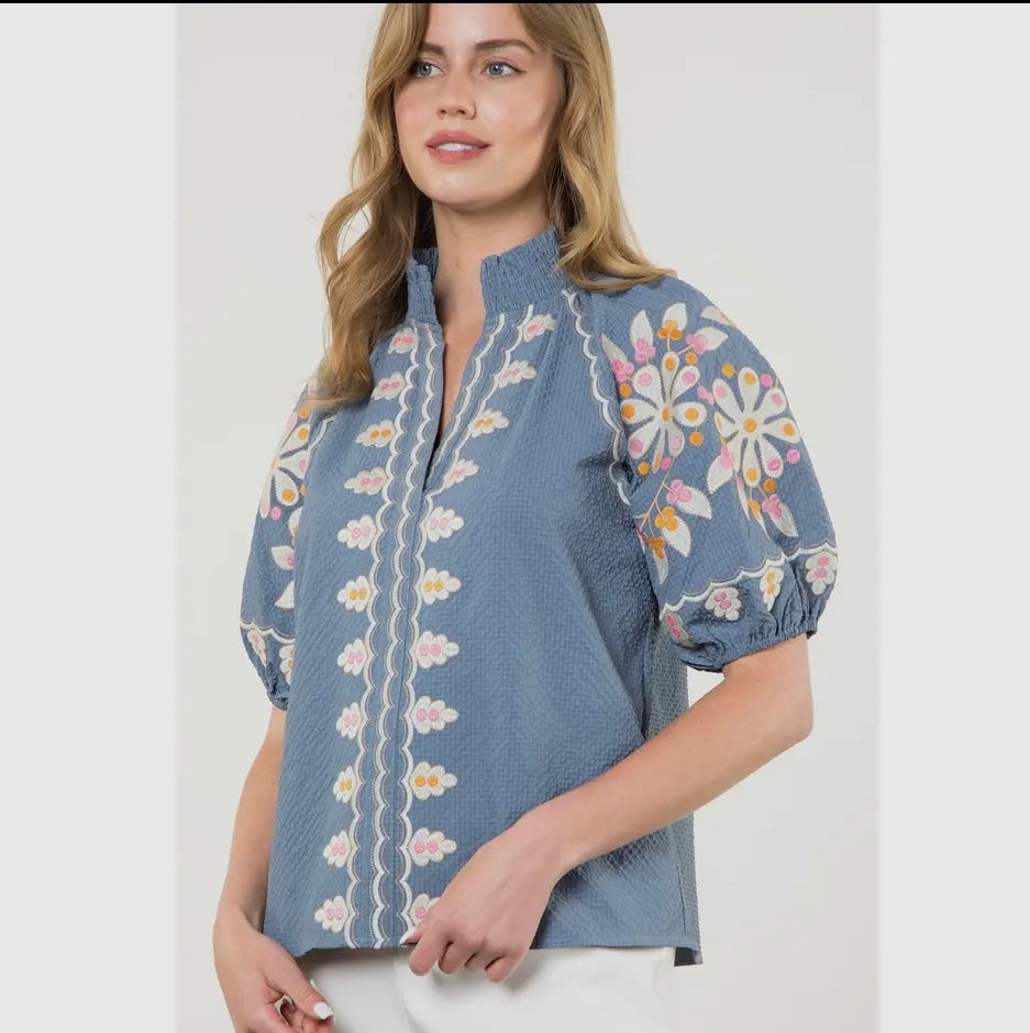 Blue embroidered puff sleeve