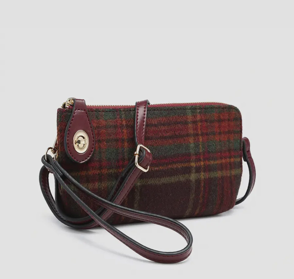 Kendall Plaid Wristlet + Crossbody: MAROON