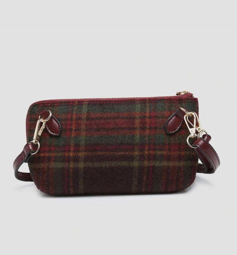 Kendall Plaid Wristlet + Crossbody: MAROON