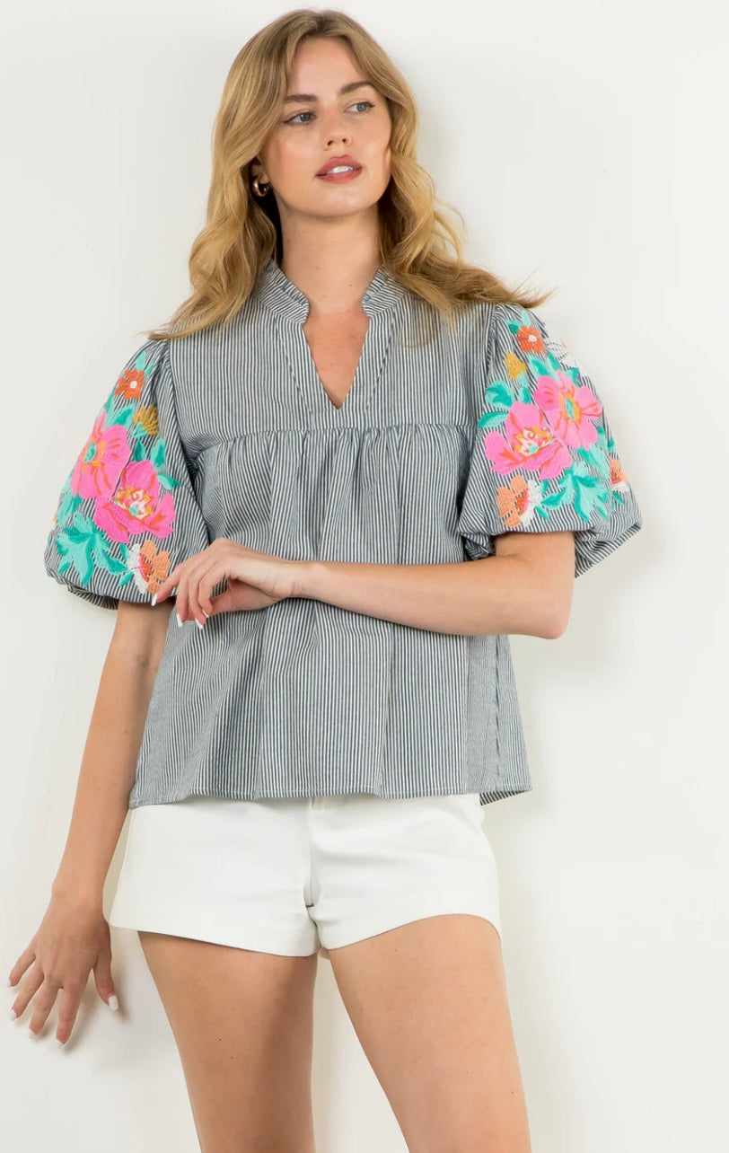Embroidered Puff Sleeve Stripe Top