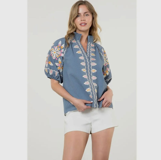 Blue embroidered puff sleeve
