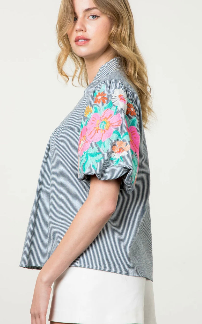 Embroidered Puff Sleeve Stripe Top
