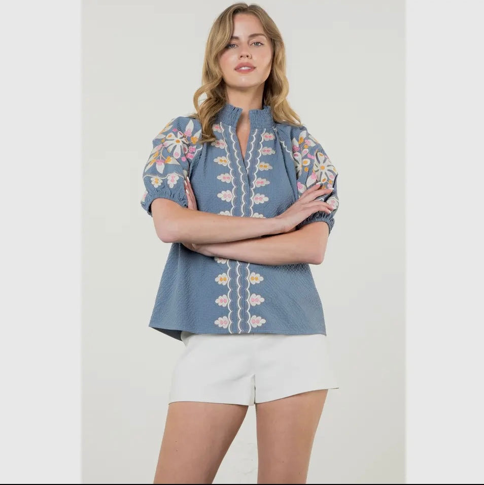 Blue embroidered puff sleeve