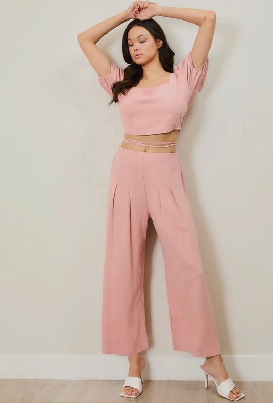 Palazzo Pleated Cropped Linen Pants