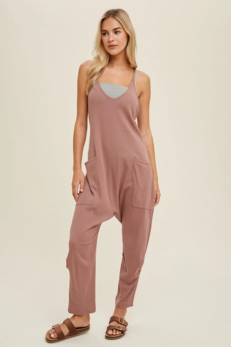 Ribbed Knit Jumpsuit w/Pockets: Woodrose