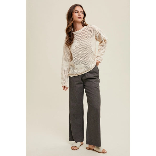 Flower Detail Open-Knit Sweater
