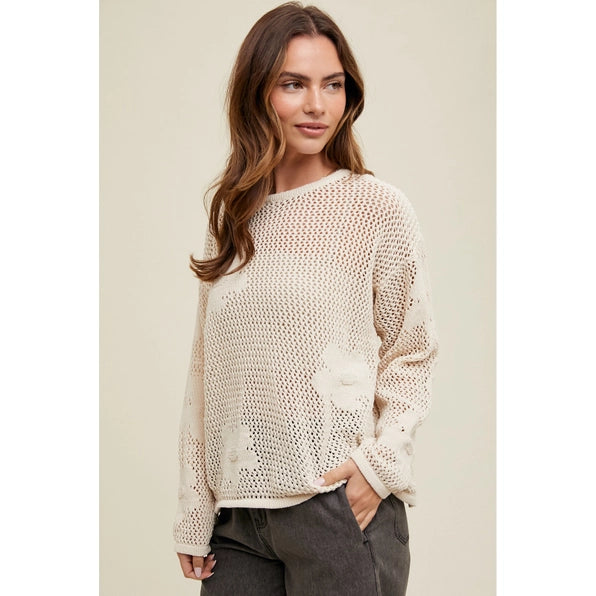 Flower Detail Open-Knit Sweater