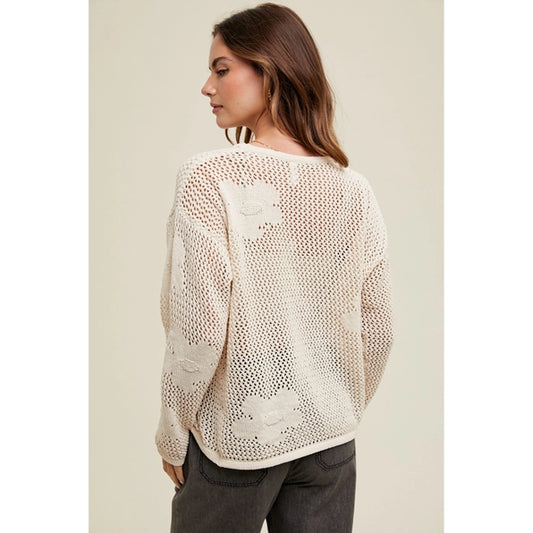 Flower Detail Open-Knit Sweater
