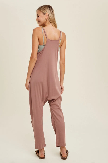 Ribbed Knit Jumpsuit w/Pockets: Woodrose